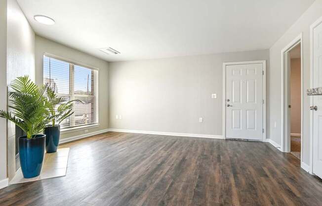 an empty living room with a white door and a potted plant at The Glen at Highpoint, Dallas, 75243