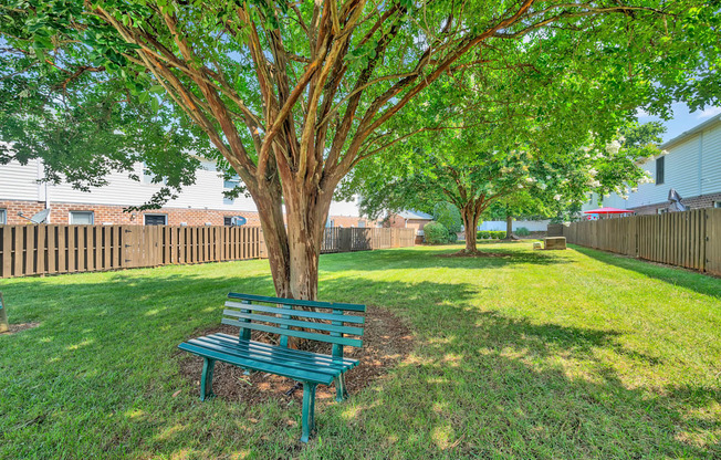 a blue park bench sitting under a tree