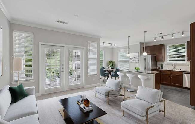A modern living room with a grey sofa, a coffee table, and a dining area in the background.