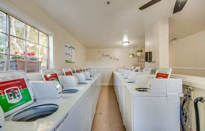 a laundry room with white washers and dryers