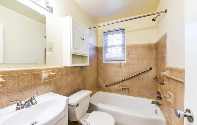bathroom with vanity, toilet, tub and large mirror at richman apartments in washington dc