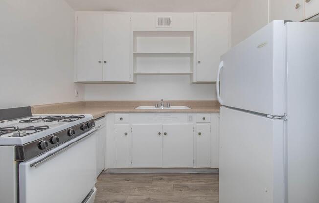 a kitchen with a stove and a refrigerator