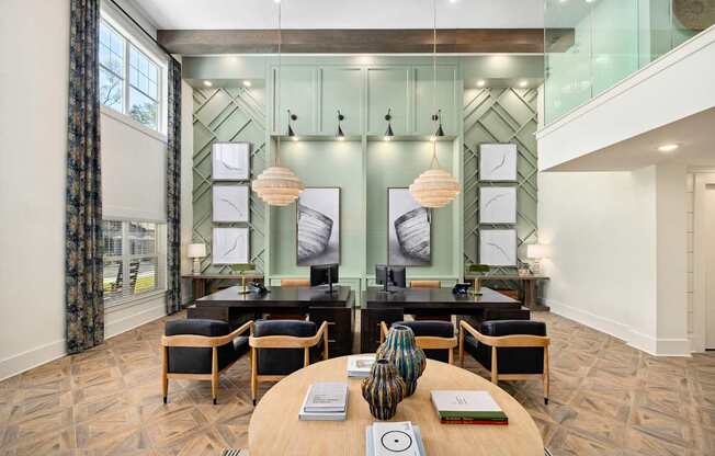 A modern living room with a wooden floor and a glass wall.