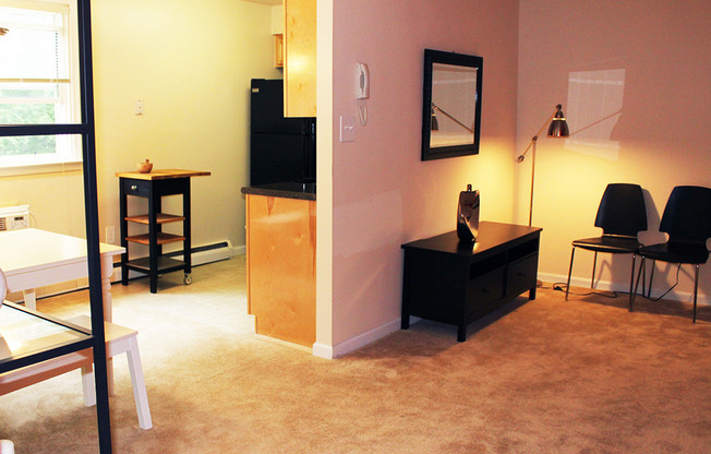 Spacious carpet living room with access to kitchen in The Wellington apartment rentals