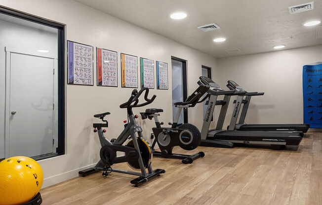 a gym with exercise machines and a yellow ball on the floor