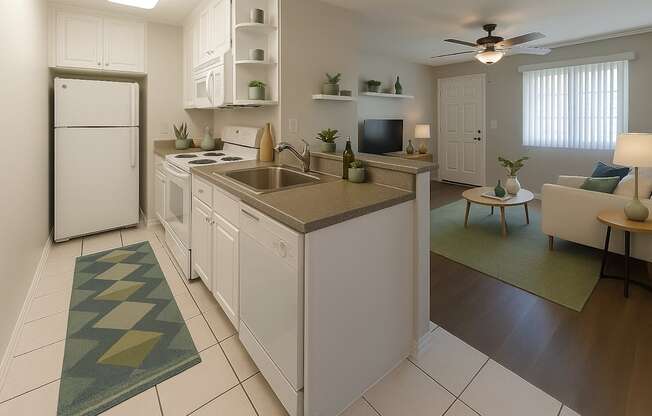 A kitchen with white cabinets and a checkered rug.