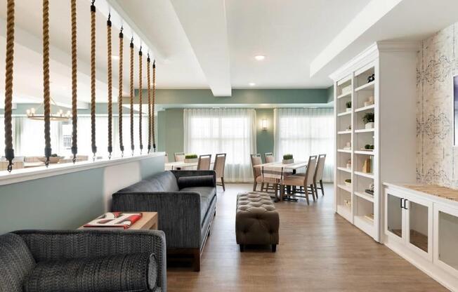 Nautical clubroom with seating and bookshelves