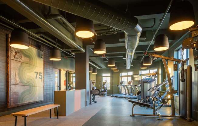 A gym with a bench, weights, and exercise equipment.
