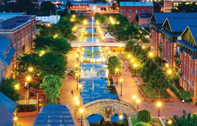 an aerial view of a city street at night