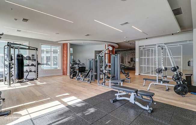 Fitness center with cardio machines, weight stations and free weights