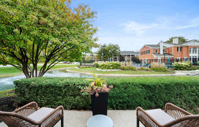 A view of a courtyard with a table and chairs and a potted plant.