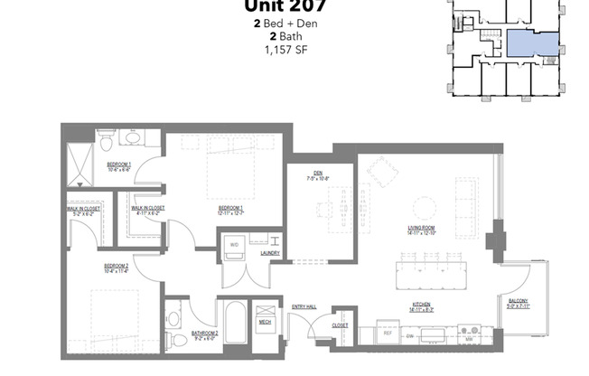 2 beds, 2 baths, 1,157 sqft, $1,885, Unit 207