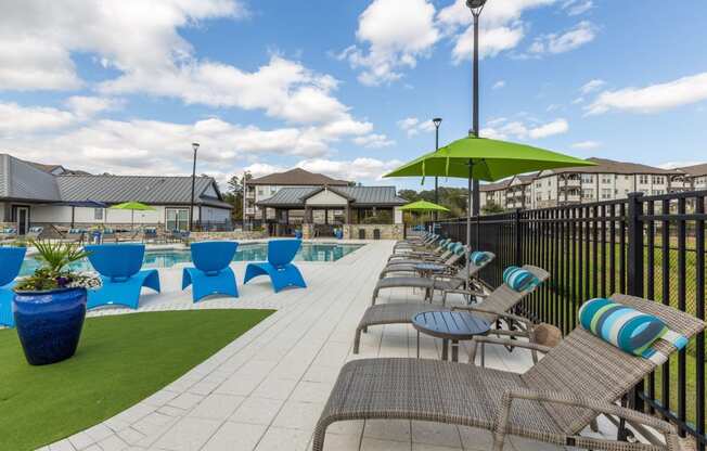 Poolside seating at Evergreen at Southwood in Tallahassee, FL