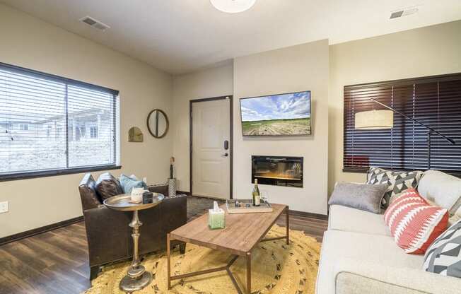 Interiors-Living room view of a 1 bedroom apartment with large windows