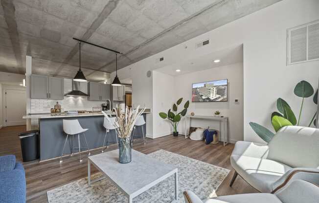 a living room with white walls and hardwood floors  at The Icon, Virginia, 23230