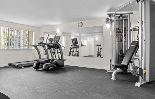 A gym with treadmills, weights, and a clock on the wall.