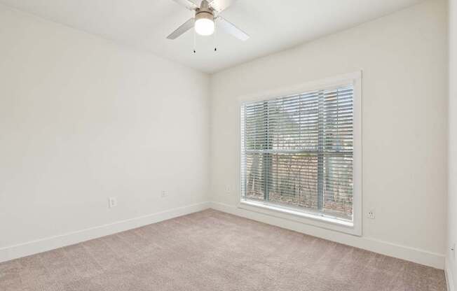 A large bedroom with a ceiling fan and a window with blinds. that has a great view of nature