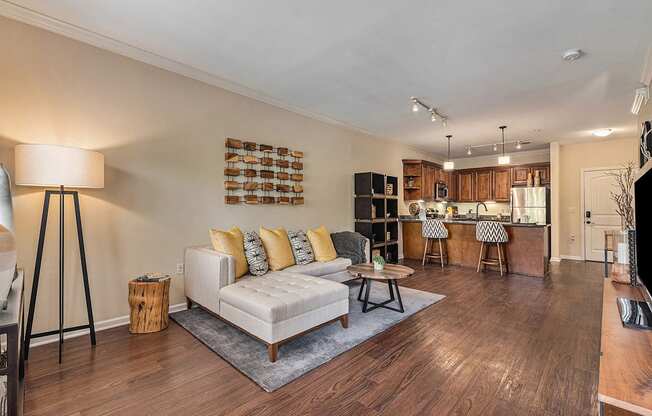 a living room with a couch and a table