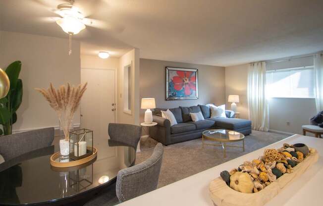 This is a photo of the living area from the kitchen in the 822 square foot, 2 bedroom, 1 bath floor plan at Village East Apartments in Franklin, OH.