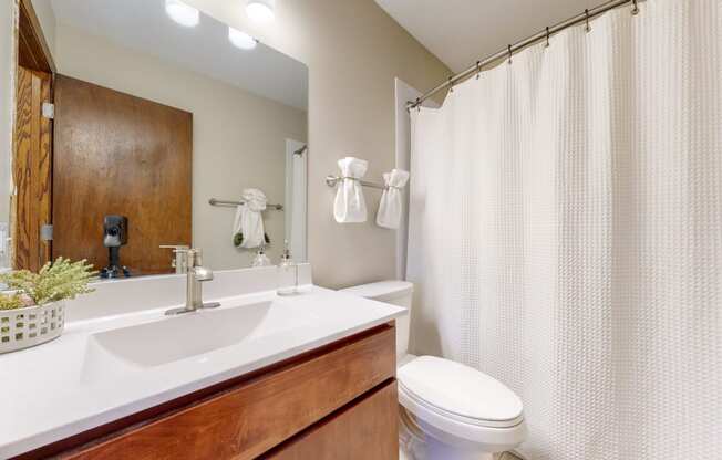 a bathroom with a sink toilet and shower