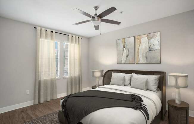 a bedroom with a large bed and a ceiling fan at The Verandah, Austin, TX, 78726