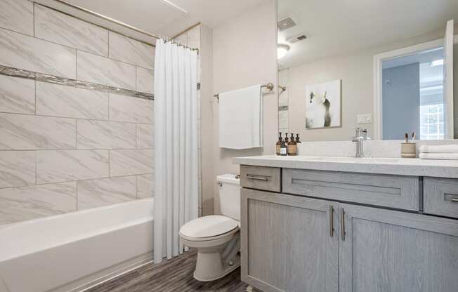 Pet-Friendly Apartments in Houston, TX – Gramercy Park – a bathroom with a shower and a toilet and a sink