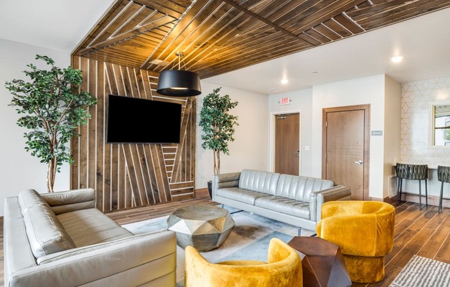 a living room with couches and chairs and a tv