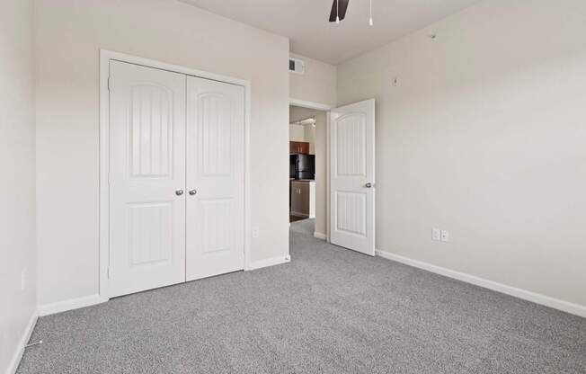 A room with white doors and a grey carpet.