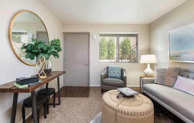 a living room with a couch and a table