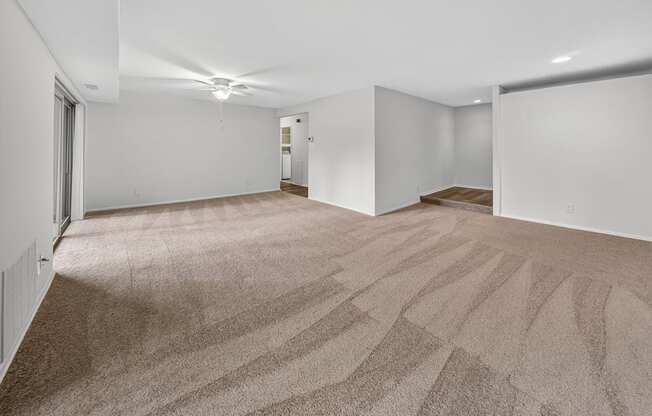 A large, empty room with carpeted flooring and white walls.