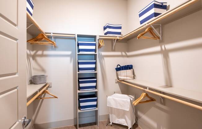 a walk in closet with shelves and baskets and a door to the bathroom