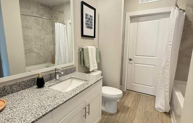 A bathroom with a toilet, sink, and mirror.