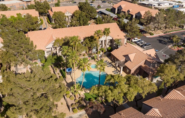 a mansion with a swimming pool in the middle of trees