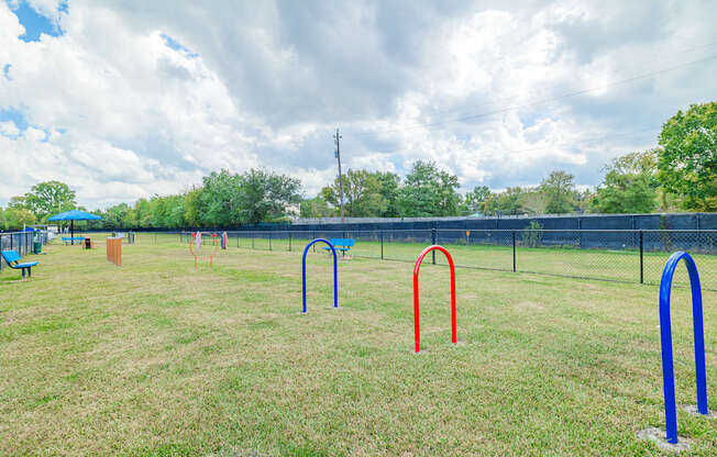 A playground with a blue swing set and red and blue monkey bars.