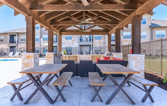 a dining room table in front of a building