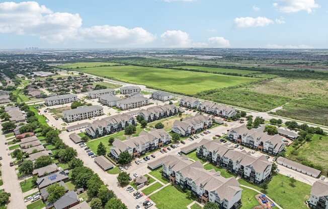 A large residential area with multiple houses and apartment buildings.