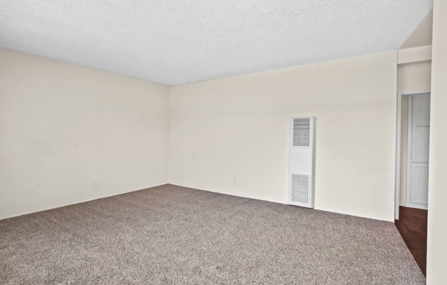 a bedroom with white walls and a carpeted floor