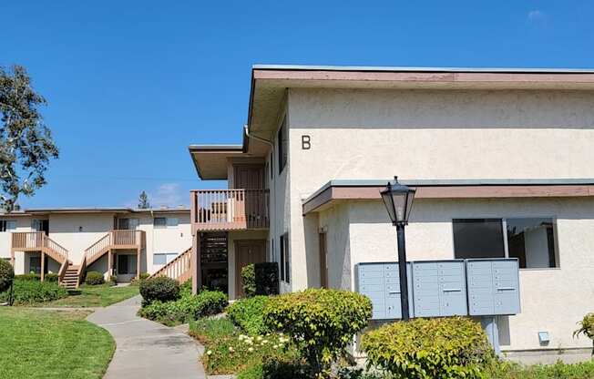 Mailboxes outside apartments at Plaza Verde Apartments in Escondido, California.