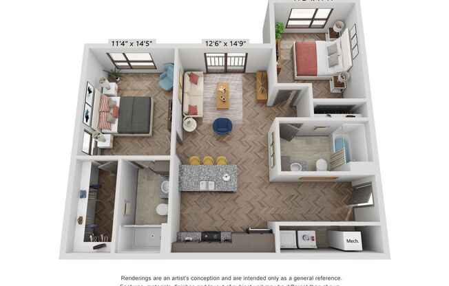 2 beds, 2 baths, 943 sqft, $1,545, Unit 1-102