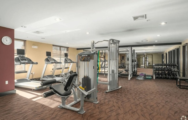 A gym with a variety of equipment including treadmills, weights, and a leg press machine.