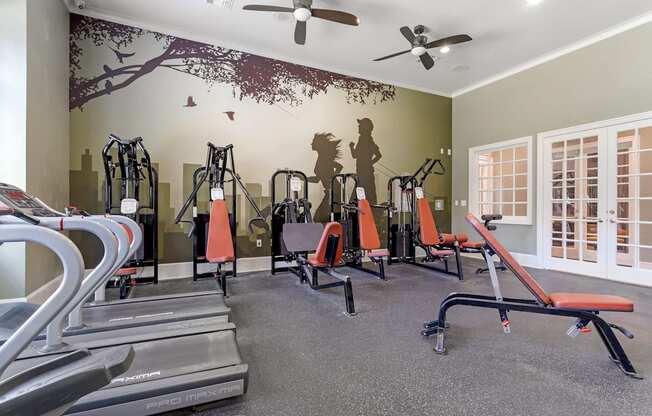a gym with cardio equipment and a wall mural of exercise equipment at Madison on the Meadow, Stafford, TX, 77477