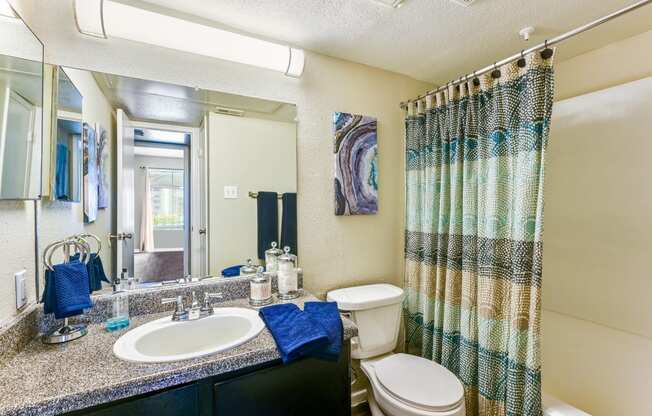a bathroom with a sink toilet and shower