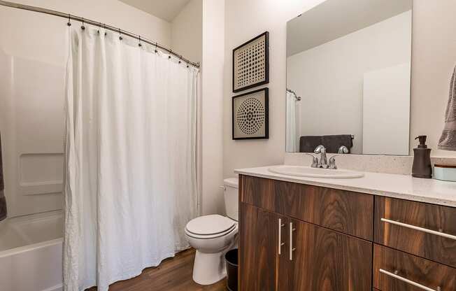 bathroom with large mirror, toilet and shower tub combo
