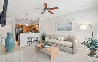 A living room with a couch, a coffee table, and a ceiling fan.