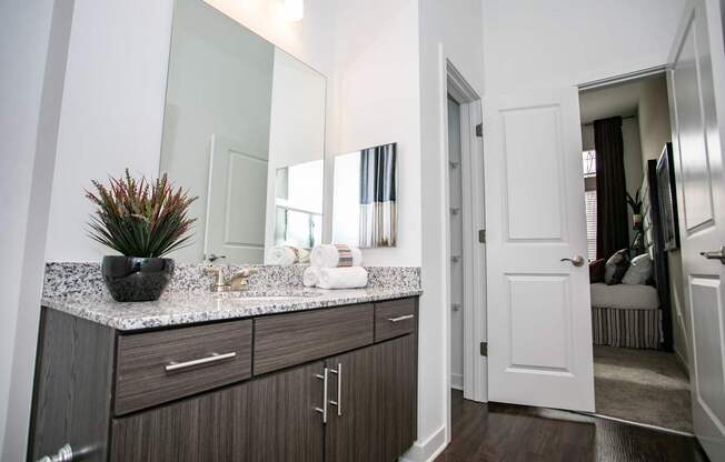 A bathroom with a vanity and a mirror.