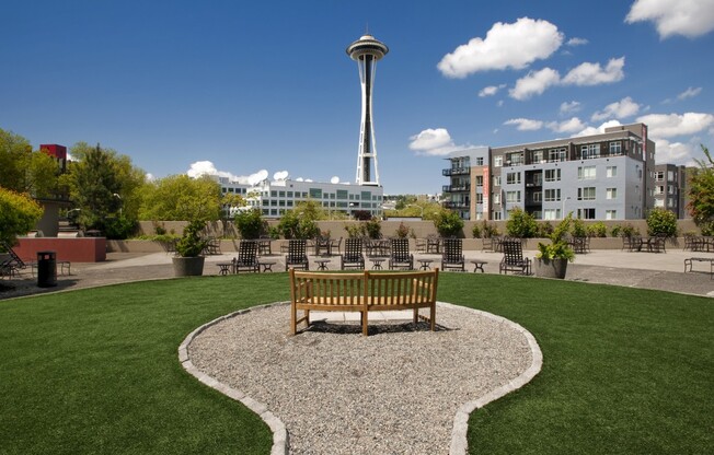 Rooftop garden views include looking out onto the Space Needle in Seattle