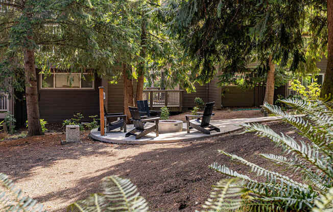 A backyard with a tree, a bench and a fire pit.
