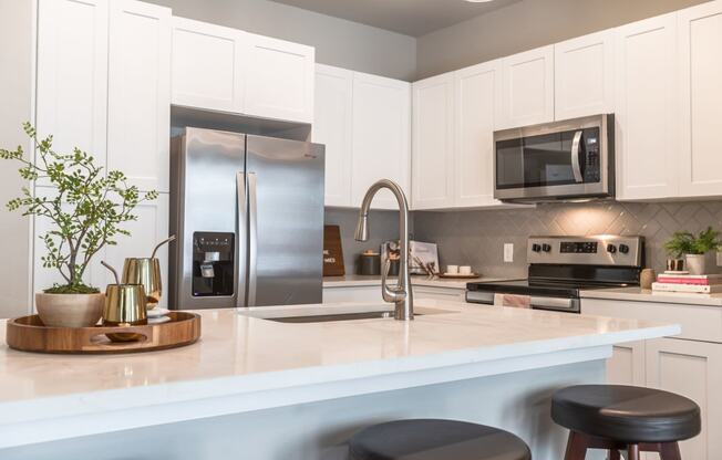 Apartments for Rent in College Station, TX - Caprock Crossing Kitchen with stainless steel appliances, and modern wood cabinets