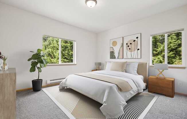 Master bedroom virtually staged with a large bed and a potted plant in the Jackson floor plan at The Madison apartments in Olympia, WA