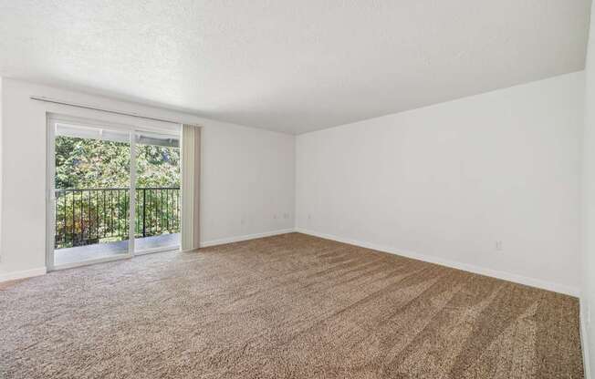 A room with a carpeted floor and a sliding glass door leading to a garden.